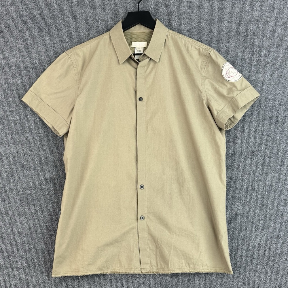 Diesel Button Up Shirt Womens L Khaki Elbow Patch Workwear Uniform Short Sleeve